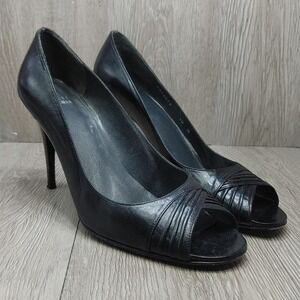 Stuart Weitzman Pumps Peep Toe Black Leather Tortoise Heels‎ Retro Classic 10